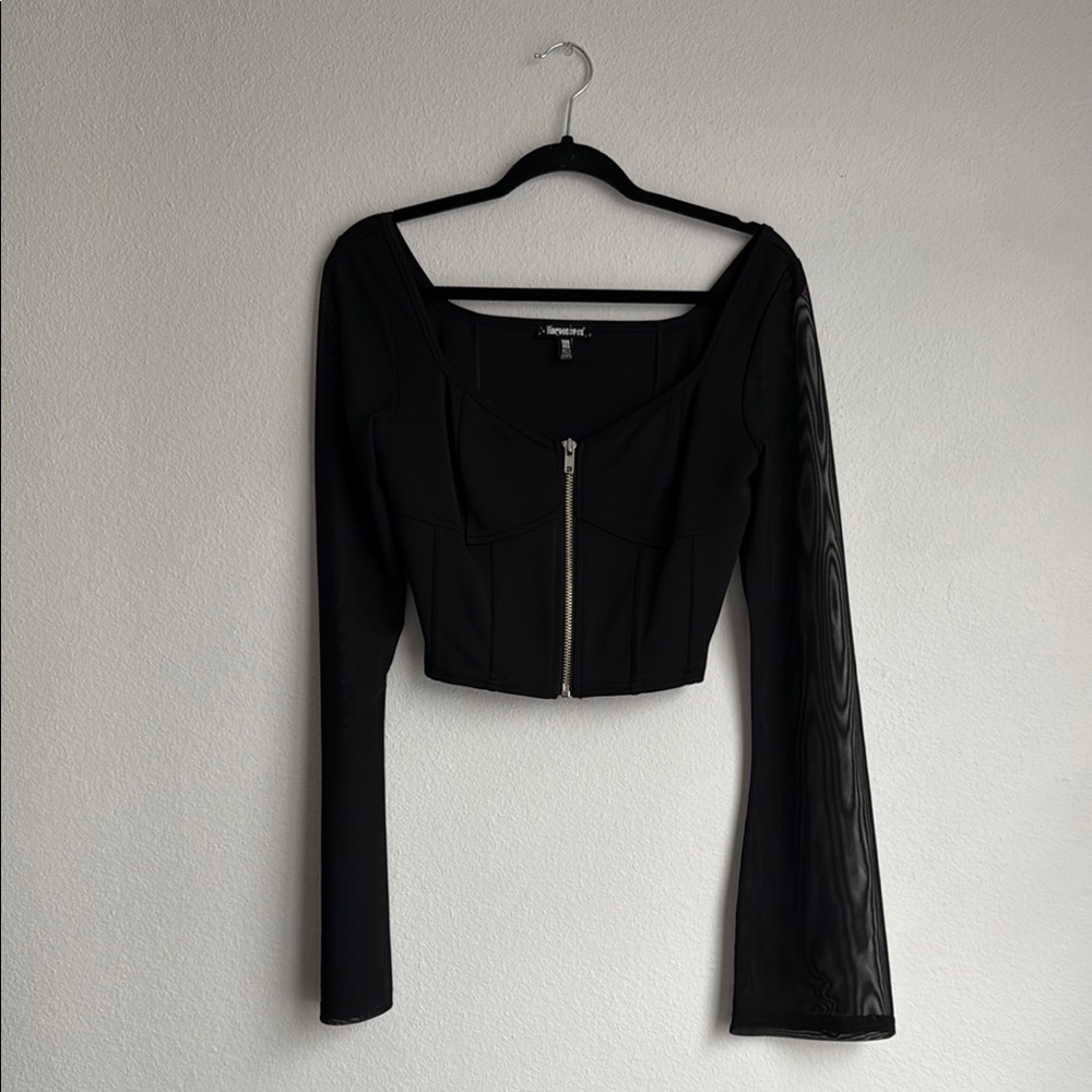 Dolls Kill Horoscopez Black Fitted Cropped Flare Sleeve Zip Up Top